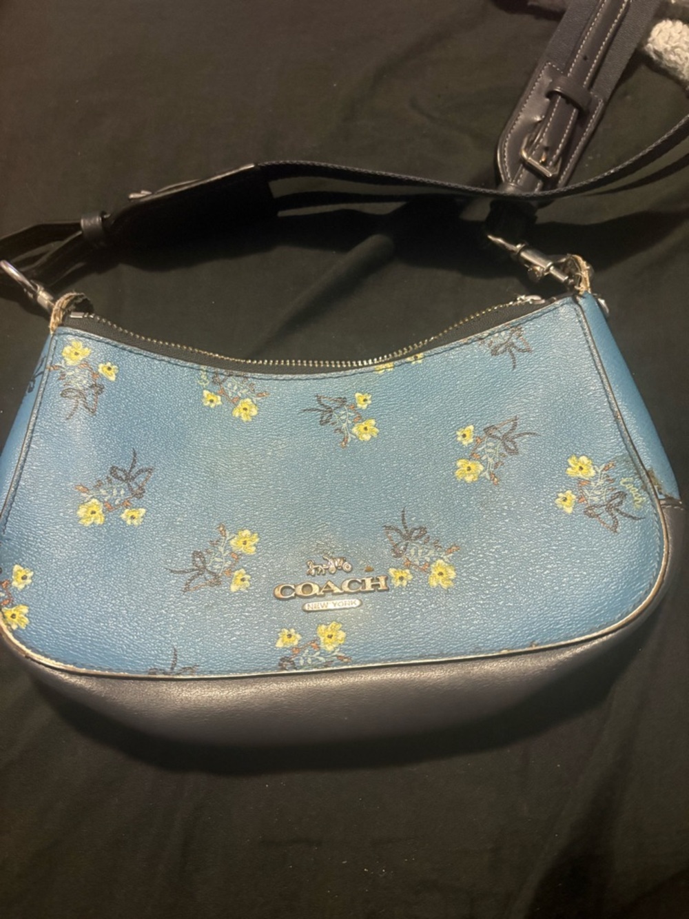 Coach Blue Floral Leather Shoulder Bag with Yellow Accents